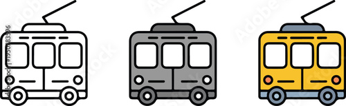 Minimalist Tram Front View Icon Set Showing Line Art, Gray Silhouette, and Yellow Public Transport Vector Illustration