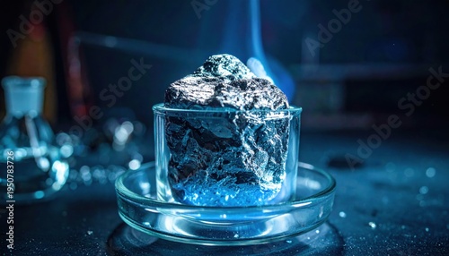 Glistening reactive sodium metal preserved in a transparent beaker, maintained under inert gas for advanced chemical research and observation.