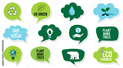 Illustration showing various speech bubbles with eco-friendly messages and symbols