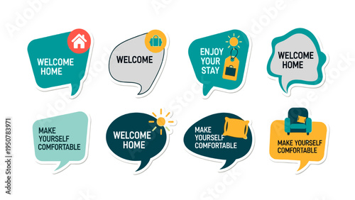Collection of speech bubbles and welcome message icons with a home comfort theme