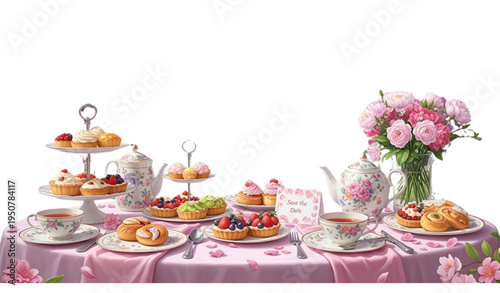 A beautifully set table with pink tablecloth and delicious desserts and tea