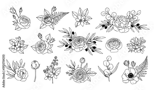 A set of elegant floral illustrations in a minimalist line art style