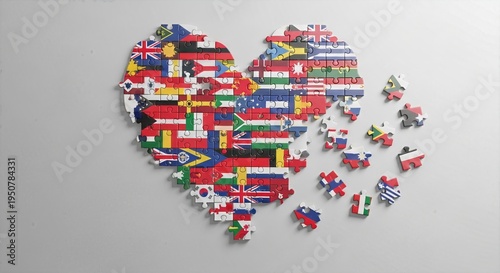 Heart shaped puzzle made of world flags, concept of global unity, peace and international cooperation, diverse nations