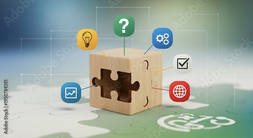 A wooden cube with a puzzle piece representing problem solving and innovation
