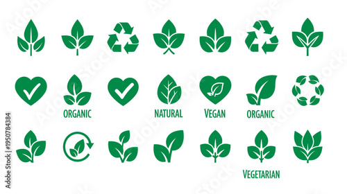 Collection of green leaf and eco-friendly symbols for natural product branding