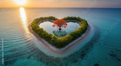 Heart shaped tropical island with red tree, concept of exotic paradise, love and romantic vacation, aerial lagoon
