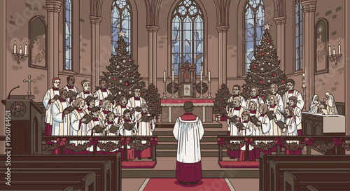 Digital illustration of a priest standing in the aisle of a church with choir members and Christmas trees, wearing a white robe with a red sash, against a backdrop of stained glass windows.