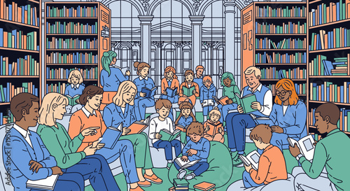 Illustration of diverse group of people reading and studying in a large library with bookshelves and arched windows in the background.