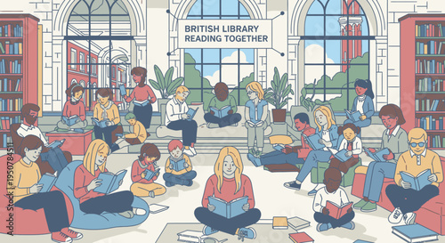 Illustration of children and teenagers reading and using laptops in a modern library with a sign that reads 'BRITISH LIBRARY READING TOGETHER', with a warm and educational atmosphere.
