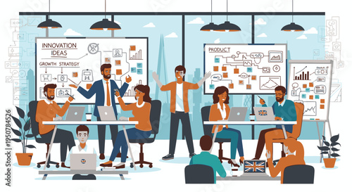 Illustration of a diverse team collaborating in a modern office with laptops and whiteboards, conveying a productive mood with pastel colors.