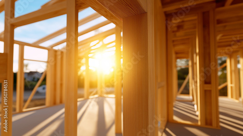 Wooden house frame under construction with sunlight representing building development and real estate industry.