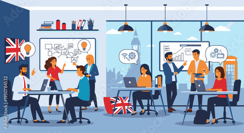 Illustration of a diverse team collaborating in a modern office with laptops and whiteboards, conveying a productive mood with a blue and white color scheme.