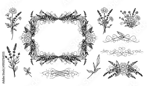 A beautiful floral wreath and various botanical illustrations in a minimalist line art style