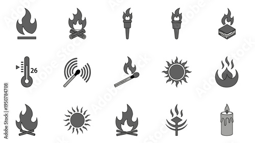 Monochromatic fire and heat related icons with simple designs vector illustration