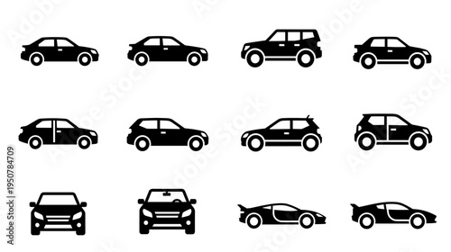 Abstract grid of black car silhouettes viewed from various angles