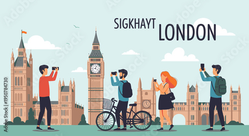Illustration of tourists taking photos with smartphones in front of London cityscape with Big Ben and other iconic buildings in a cartoon style with a light blue sky and white clouds.