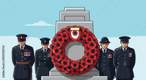 Illustration of four military officers standing behind a red poppy wreath on a gray monument with a blue sky background.
