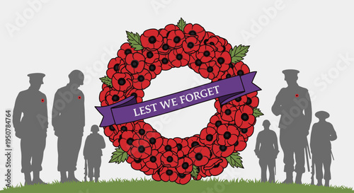 Illustration of a Remembrance Day wreath with a 'Lest We Forget' banner surrounded by silhouettes of people standing on grass against a white background.