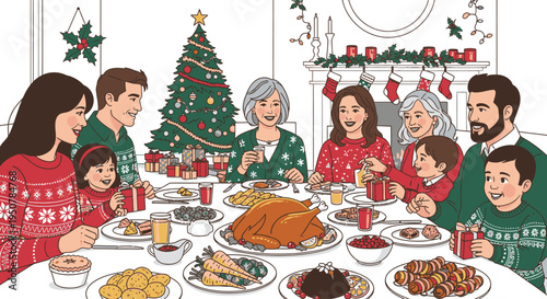 Illustration of a diverse family gathered around a table with a variety of food and drinks during a Christmas celebration in a festively decorated room with a Christmas tree.