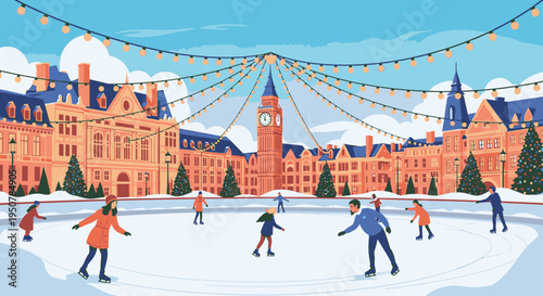 Illustration of people ice skating in front of a large building with a clock tower, adorned with string lights and surrounded by trees, on a sunny winter day with a blue sky.