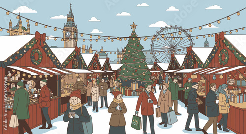 Illustration of people shopping and socializing at a snowy Christmas market with festive stalls and decorations in a European-style town square.
