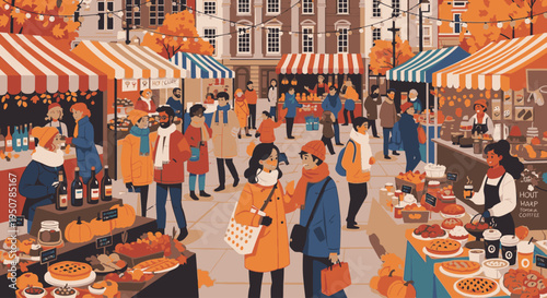 Vibrant outdoor market scene with people shopping and socializing among food stalls and colorful awnings in a lively urban setting with warm tones.