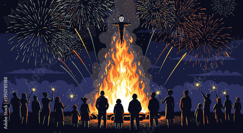 Silhouetted people gather around a large bonfire with fireworks exploding in the night sky with warm colors and a lively atmosphere in a dark outdoor setting.