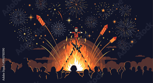 Silhouette of a crowd watching a bonfire with fireworks exploding in the night sky, conveying a festive and celebratory mood.