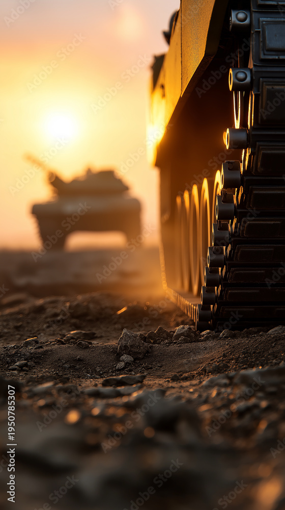 Naklejka premium Military tank moving on dusty terrain at sunset representing power, defense and armed forces.