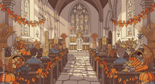 Digital illustration of a church interior decorated with autumnal elements including pumpkins, leaves, and burlap for Thanksgiving, with a stained glass window and altar in the background.