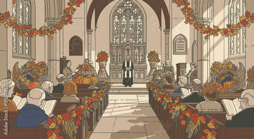 Illustration of a church interior with people sitting in pews, adorned with autumnal flowers and decorations, under warm lighting from stained glass windows.