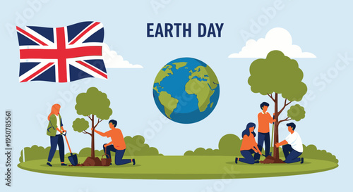 Flat illustration of people planting trees on a green island with the UK flag and globe on Earth Day with a lively and eco-friendly mood.