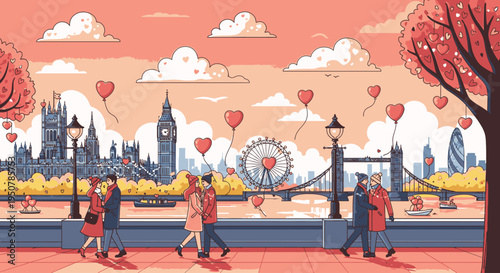 Illustration of a romantic London cityscape with people walking along the Thames River on a pink cloudy day with heart balloons.