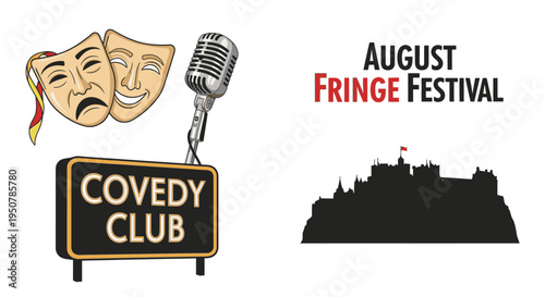 Flat design logo for comedy club event at August Fringe Festival with theatre masks and microphone.
