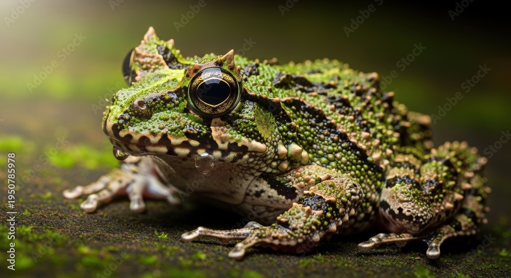Fototapeta premium Vietnamese mossy frog, Theloderma corticale, camouflaged on damp moss