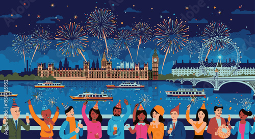 Illustration of a lively nighttime scene with people celebrating in front of a river, with a city skyline and fireworks in the background, conveying a joyful and festive mood.