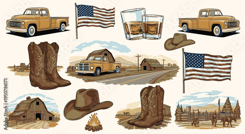 Collage of American Western-themed icons including trucks, cowboy boots, hats, whiskey glasses, and flags on beige background.