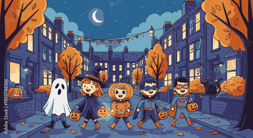 Illustration of children in Halloween costumes walking down a street lined with orange trees and buildings at night with a crescent moon in the sky.