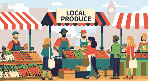 Flat illustration of people shopping for fresh produce at an outdoor market with a sign reading 'LOCAL PRODUCE' and striped awnings.