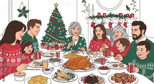 Illustration of a diverse family gathered around a table filled with food and drinks during a Christmas celebration in a cozy home with festive decorations.