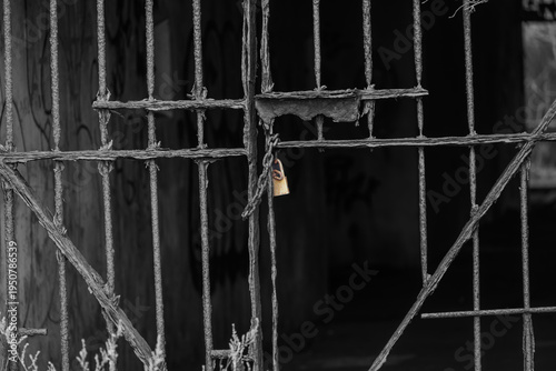Rusty Iron Gate with Gold Padlock at Abandoned Military Building Sandy Hook New Jersey