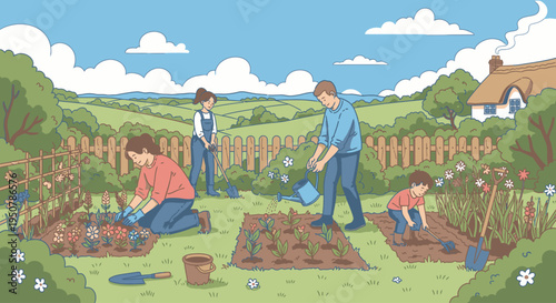 Illustration of a family gardening together in a lush green backyard with a wooden fence and a house in the background under a blue sky with white clouds.