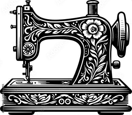 Classic antique sewing machine icon, side view with needle and wheel, bold black silhouette, simple flat vector illustration, clean white background.