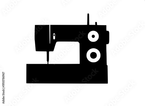 Classic antique sewing machine icon, side view with needle and wheel, bold black silhouette, simple flat vector illustration, clean white background.