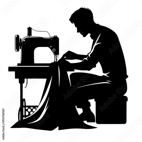 Classic antique sewing machine icon, side view with needle and wheel, bold black silhouette, simple flat vector illustration, clean white background.