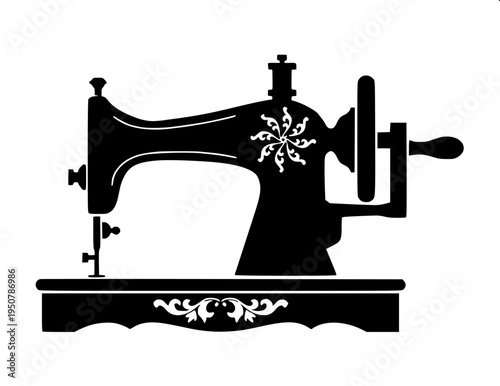 Classic antique sewing machine icon, side view with needle and wheel, bold black silhouette, simple flat vector illustration, clean white background.