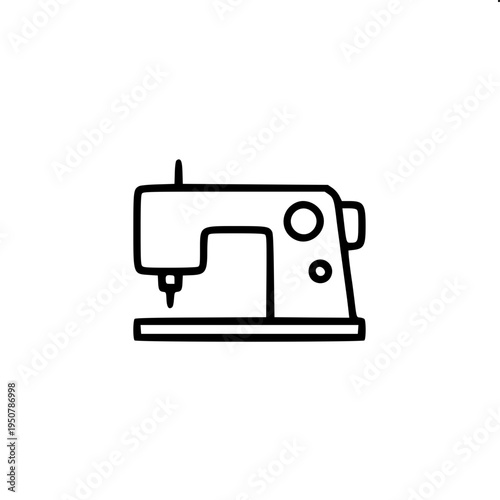 Classic antique sewing machine icon, side view with needle and wheel, bold black silhouette, simple flat vector illustration, clean white background.