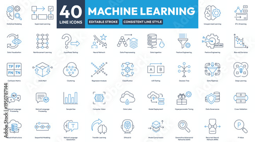 Machine Learning Icon Set, 40 Line Icons for Data Science and Machine Learning