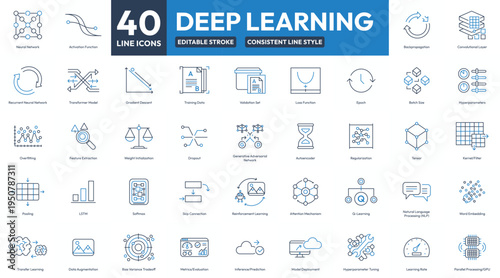 40 Deep Learning Icons, Deep Learning Icon Set Editable Stroke Line Icons for Deep Learning, Neural Networks, AI, Consistent Line Style