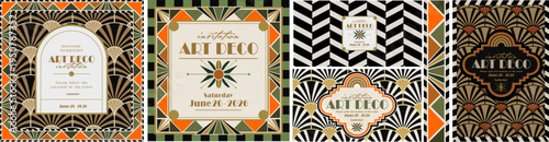 Art Deco. Vector geometric decorative illustrations of pattern, vintage frame, border, ornament, and elegant typography for 1990s-style event or party invitation, background or card.